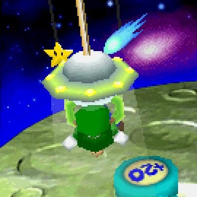 A gif of Luigi from Super Mario. He is being held by a space-themed skill crane claw from Mario Party and being spun around.