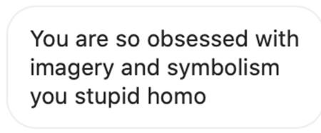 A cropped screenshot of a text message. It reads, "You are so obsessed with imagery and symbolism you stupid homo".