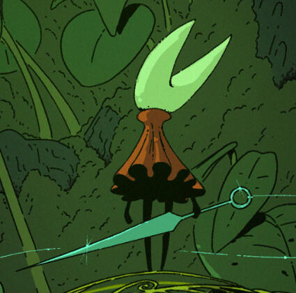 Hornet from Hollow Knight looking away from the viewer. She is holding her needle and surrounded by greenery.