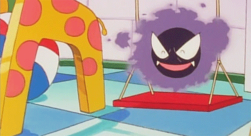 A gif of a Ghastly from Pokemon swinging back and forth on a swing, smiling happily.