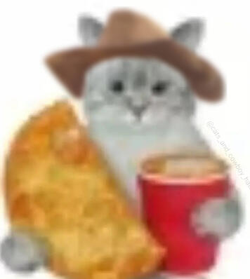 An extremely low-quality image of a grey cat in a cowboy hat holding a drink and a large hash brown.